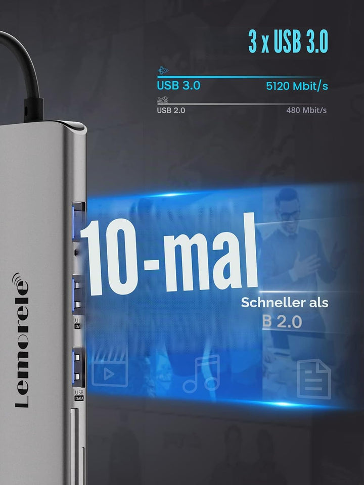 Lemorele USB C Hub – Docking Station 9 in 1 Aluminiumschale mit 4K HDMI, 3 USB 3.0, PD 100W, SD/TF,