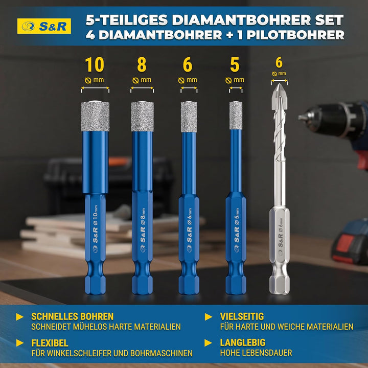 S&amp;R Diamantbohrer, Fliesenbohrer, Glasbohrer Set 4-tlg. 5, 6, 8, 10 mm, Sechskant-Schaft, für Kerami