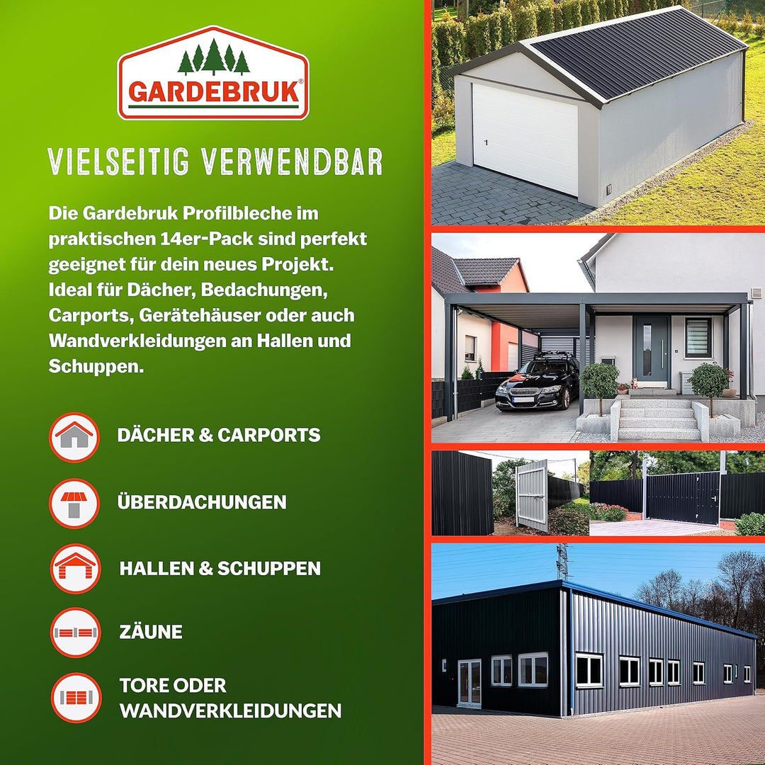 GARDEBRUK® 14x Trapezblech 110x46cm = 7m² Verzinkt Rostresistent Wetterfest Profilblech Dachblech We