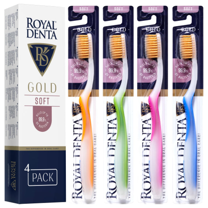 Royal Denta Gold Zahnbürsten mit weichen Borsten 4er-Pack - Doppellänge Borsten für effektive Interd
