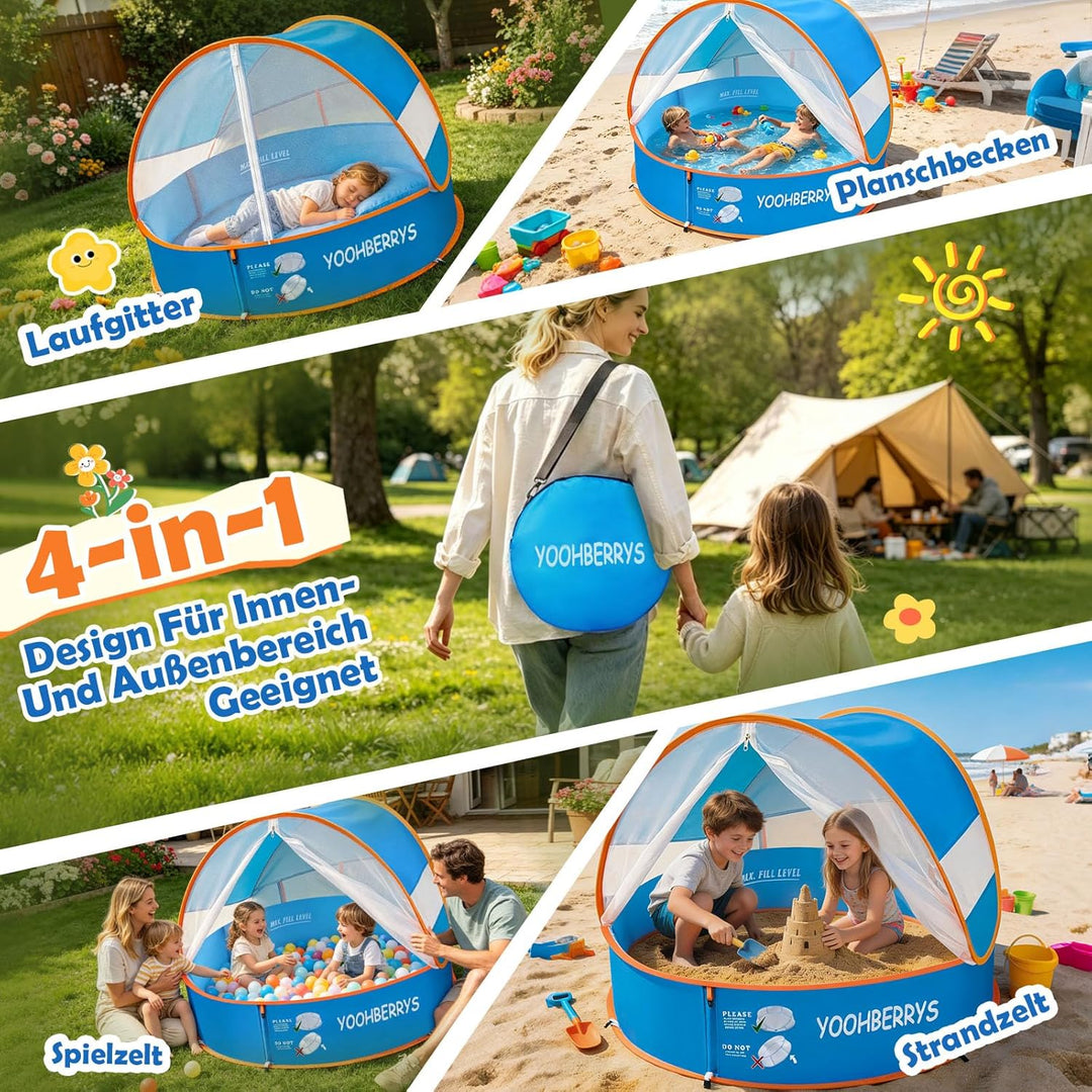 4-in-1 Pop Up Baby Planschbecken, Strandmuschel Baby mit UV Schutz SPF 50+, Strandzelt Baby mit Mosk
