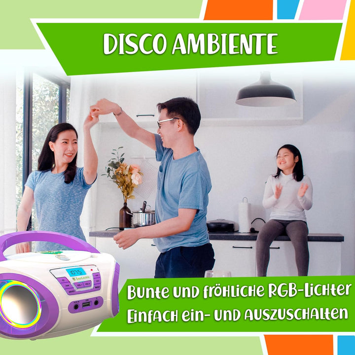 TinyGeeks Tunes Kids Boombox CD-Player für Kinder NEU + UKW-Radio + Inklusive Batterien + Lila Radio