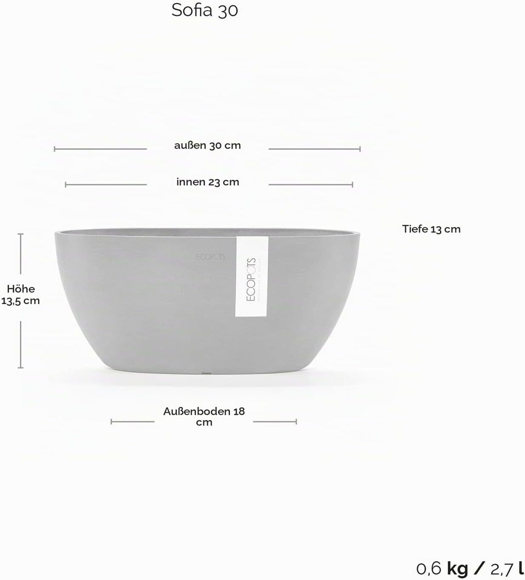 Ecopots Pflanzschale Sofia Dunkel Grau - 30 x 13 cm oval gross - Pflanzentopf aus Recycling Kunststo