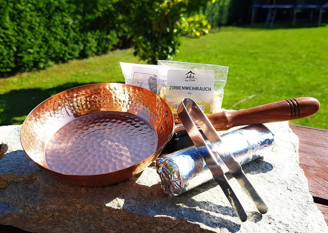 myZirbe Räucherpfanne Set 5 teilig - Kupfer Räuchergefäss zum Räuchern von Weihrauch, Harzen, inkl.