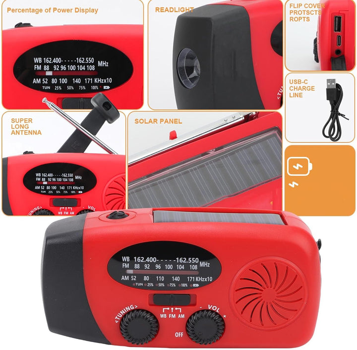 Notfall Wetterradio, Tragbares AM FM NOAA WB Radio mit 2000 mAh, Solar Handkurbel, Taschenlampe, für