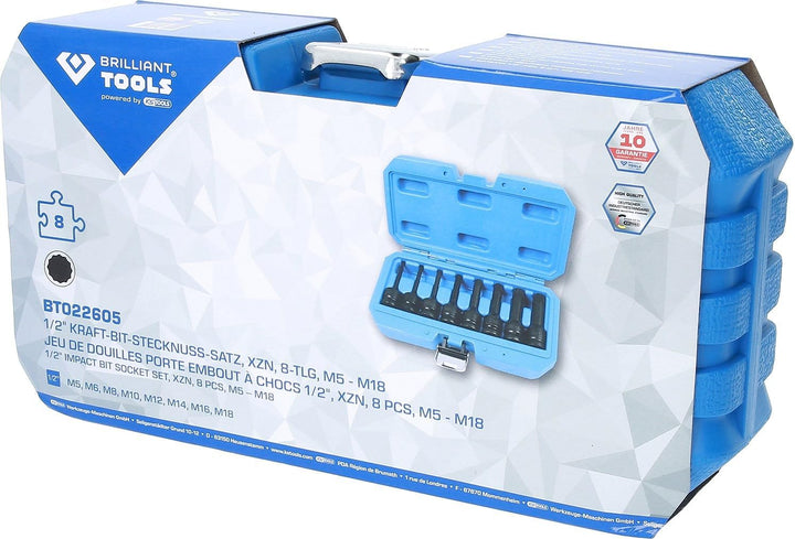 BRILLIANT TOOLS BT022605 1/2" Kraft-Bit-Stecknuss-Satz, XZN, 8-TLG, M5-M18 [Powered by KS Tools]