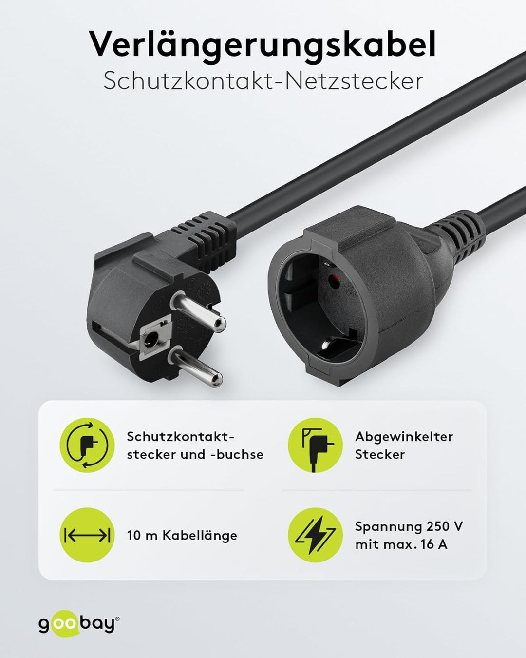 Goobay 93095 Gewinkeltes Strom Verlängerungskabel / Schutzkontakt Stecker 250V Schutzkontakt 10 Mete