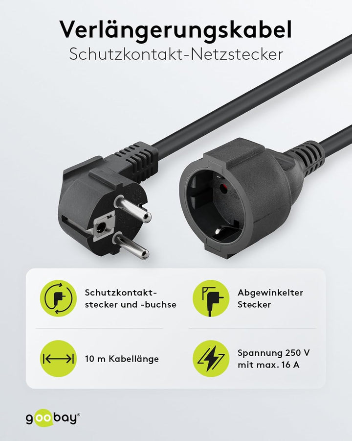 Goobay 93095 Gewinkeltes Strom Verlängerungskabel / Schutzkontakt Stecker 250V Schutzkontakt 10 Mete