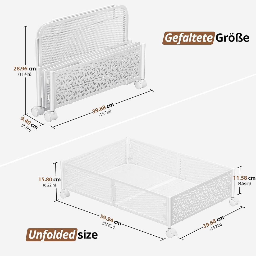 PHINOX Unterbett-Aufbewahrungsbox mit Rollen, 4 Stück faltbare Metall-Unterbettkommode zur Kleiderau