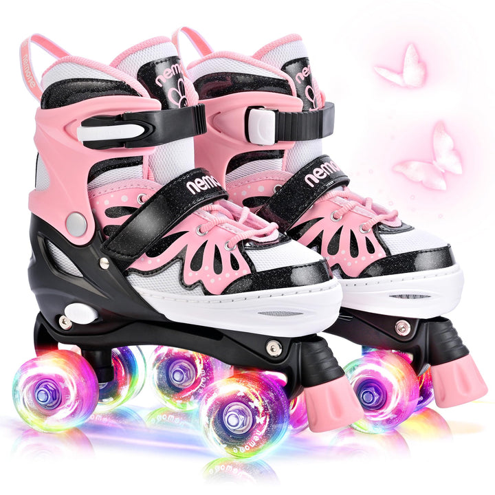 NEMONE Rollschuhe für Mädchen Kinder 4 Grössen Verstellbar Blau Violett Rollschuhe für Kinder Drinne