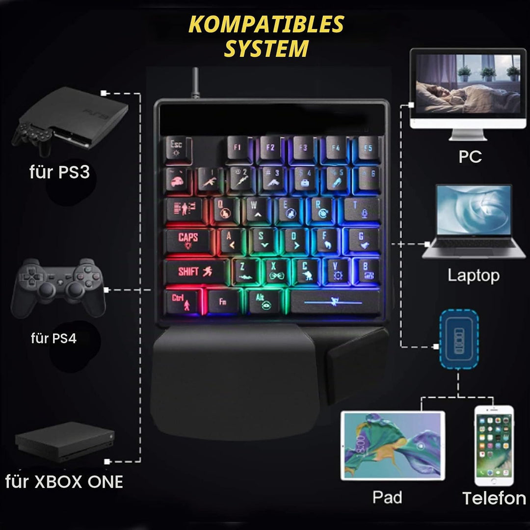 Einhändiges mechanisches Gaming-Tastatur-Maus-Set, 35 Tasten 7-Farben-Hintergrundbeleuchtung E-Sport
