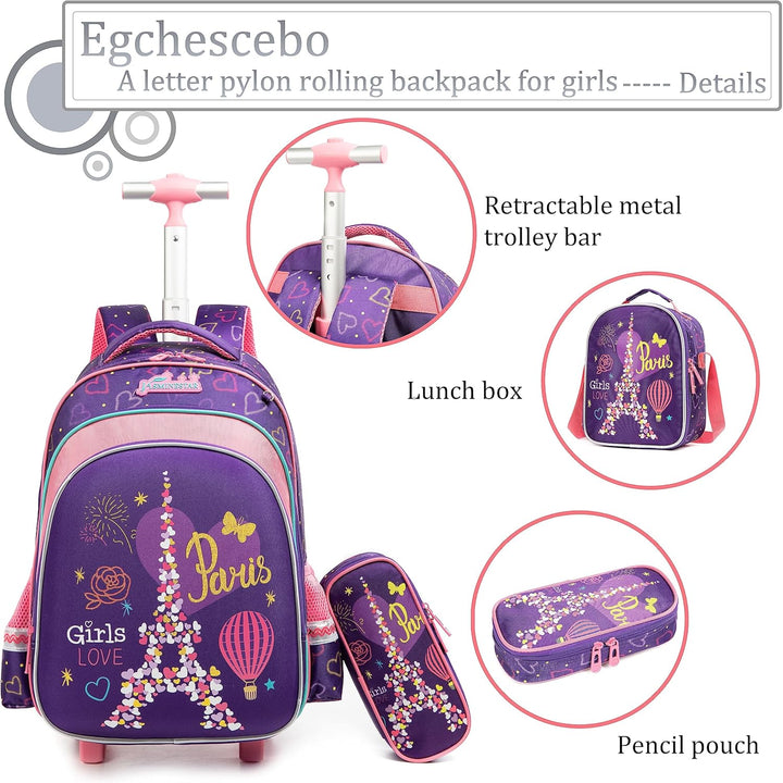 Egchescebo Schulranzen Kinder Rollrucksack für Mädchen 17" 3PCS Rollen Reiserucksäcke Lila-4, Lila-4