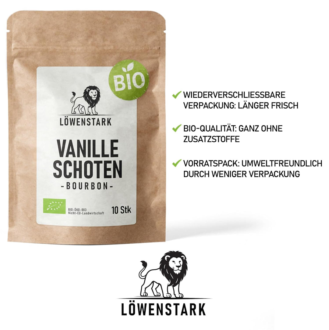 Löwenstark I BIO Vanille-Schoten Bourbon (13-15cm) I Vanille-Stangen aus Madagaskar in feinster Bio-