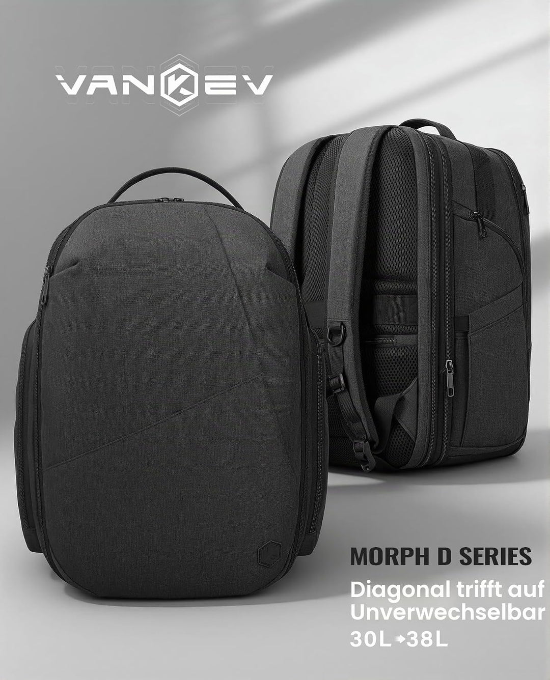 VANKEV - Morph D Erweiterbarer Reiserucksack 30L bis 38L - Unterflur Handgepäck Rucksack für EasyJet