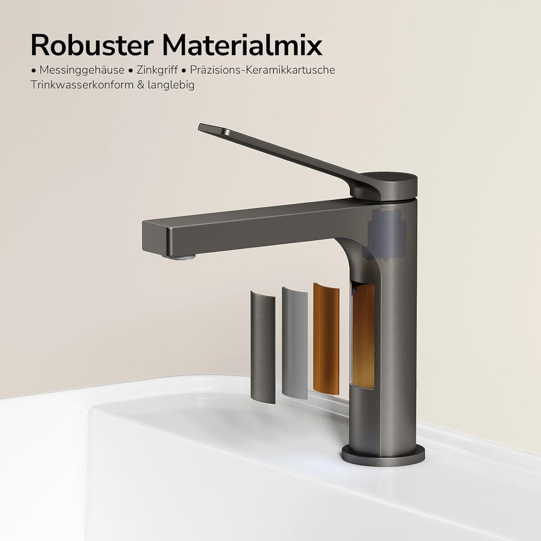 EMKE Wasserhahn Bad Anthrazit Matt, waschtischarmatur, 4MS Messing, Wasserhahn Bad mit Auslauf Höhe