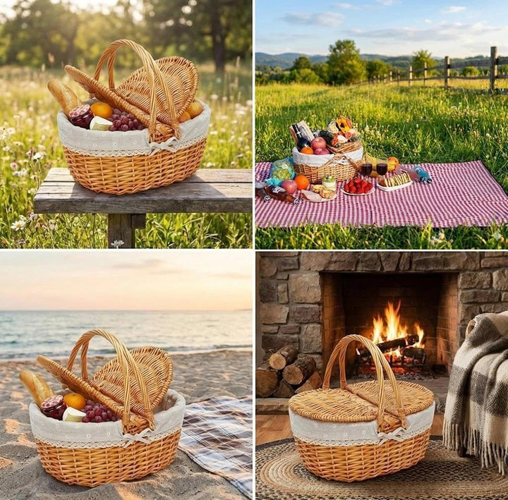 Weide Picknickkorb mit Deckel, Einkaufskorb Geflochten mit Henkel und & Liner, Pilzkorb, Weidenkorb