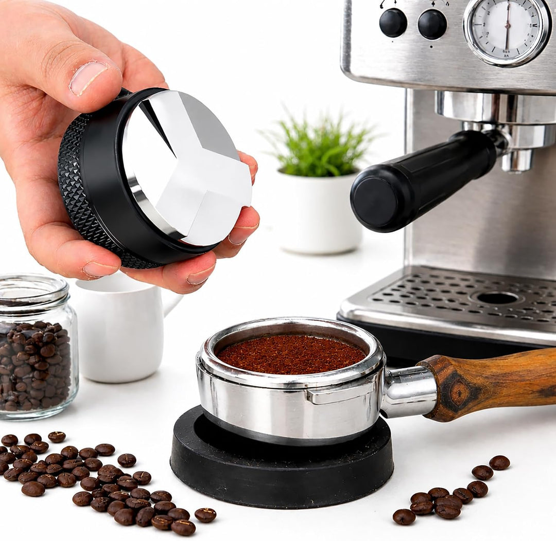 54 mm Espresso Zubehör Set 7-teilig – Barista Zubehör & Tamper Set mit Tamperstation aus Sapeleholz,