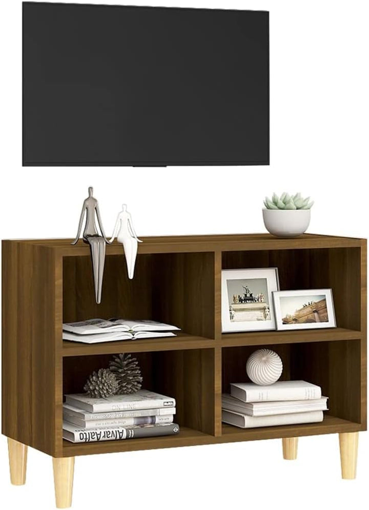 homiuse TV-Schrank mit Massivholz-Beinen Braun Eiche-Optik 69,5x30x50cm TV Board Hochglanz Fernsehsc