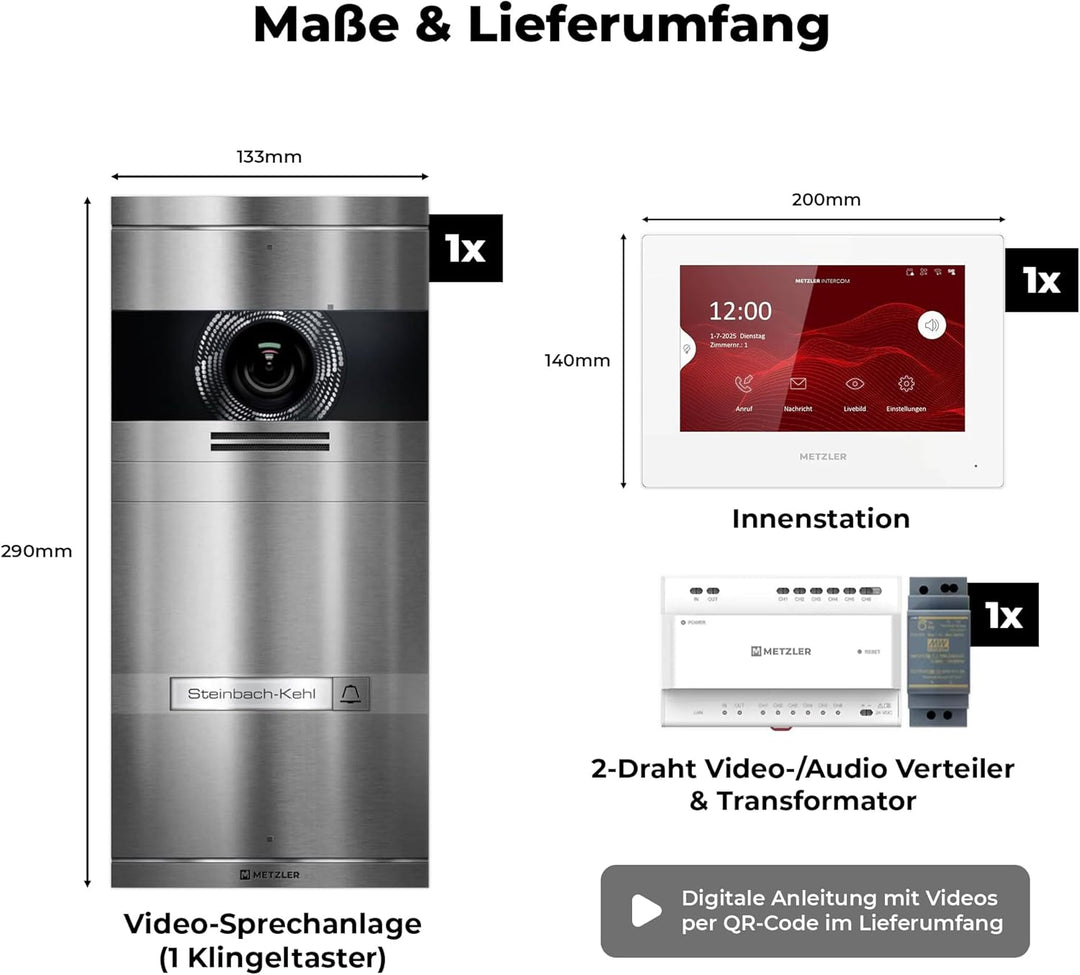 Metzler VDM10 2.0 Video Sprechanlage Komplett Set mit austauschbarem Namensschild - Anschluss 2-Drah
