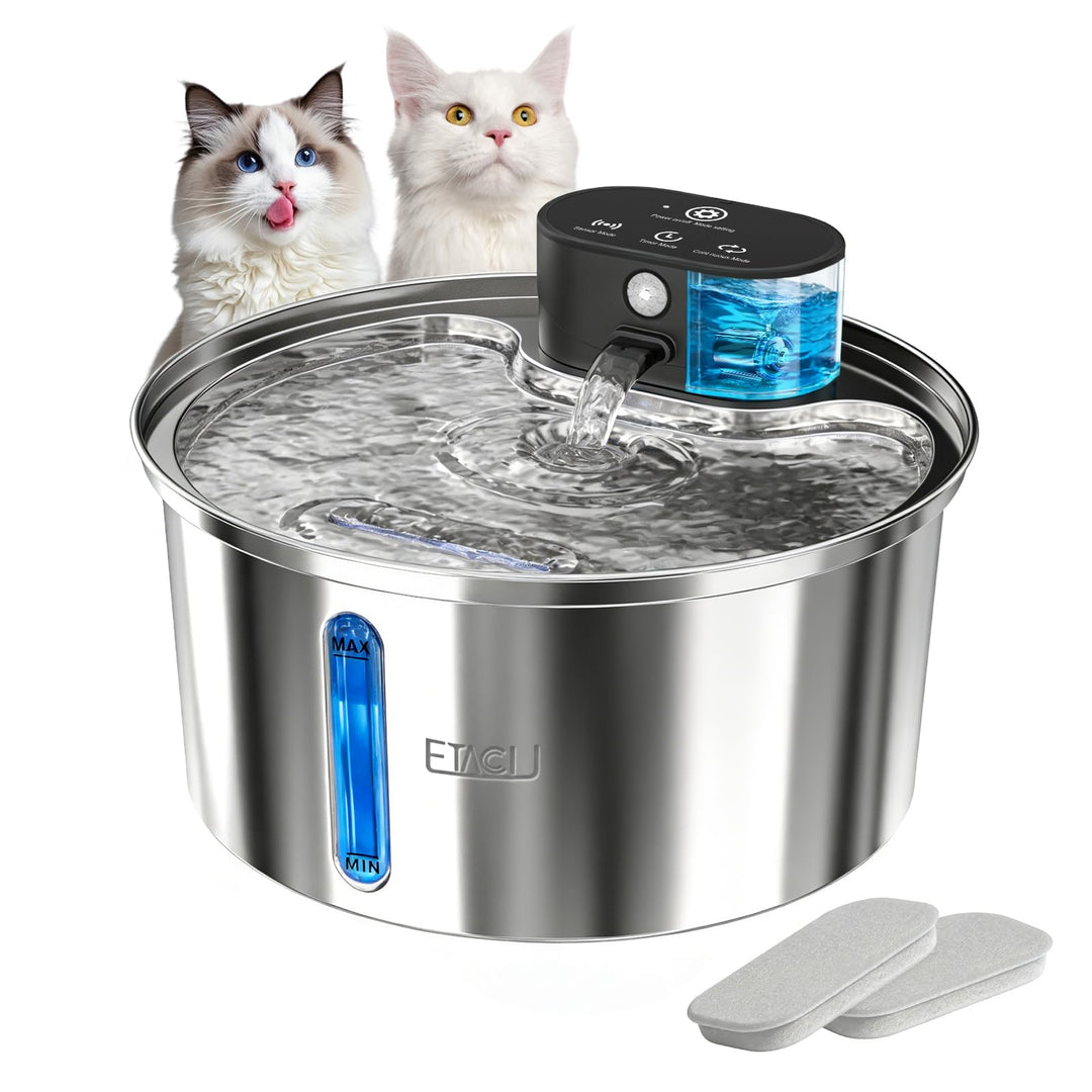 ETACCU Trinkbrunnen für Katze Kabellos, 3.2L Katzenbrunnen Edelstahl mit 3m Bewegungsmelder, 5000mAh