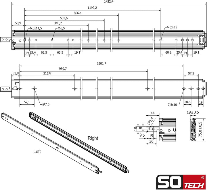 1 Paar SOTECH Schwerlastauszüge VarioSlide KV2-200-H76-L1400-EH 1422,4 mm mit Lock-in/out Einrastfun