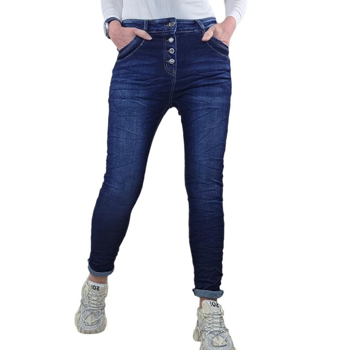 Jewelly Stretch Jeans| im Baggy Boyfriend Schnitt| Damen Hose mit dekorativer Knopfleiste| Perfekter