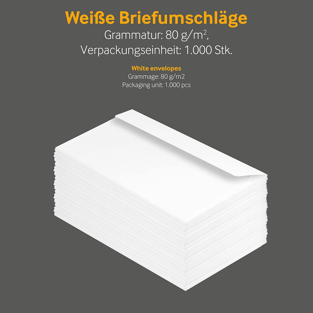 1000 Stück, Briefumschläge, DIN C6/5, Haftklebung mit Abziehstreifen, Gerade Klappe, 80 g/qm Offset,