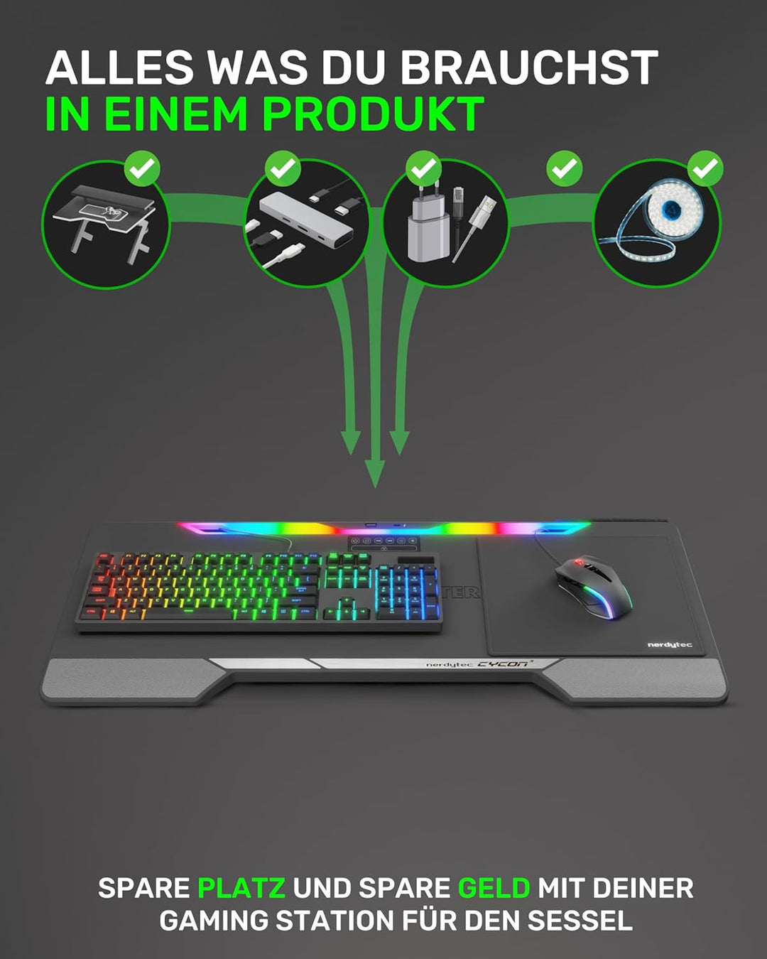 Couchmaster Lapboard³ mit HORIZONLIGHT RGB Bar, ergonomisches Gaming Knietablett für Couch, Sofa und