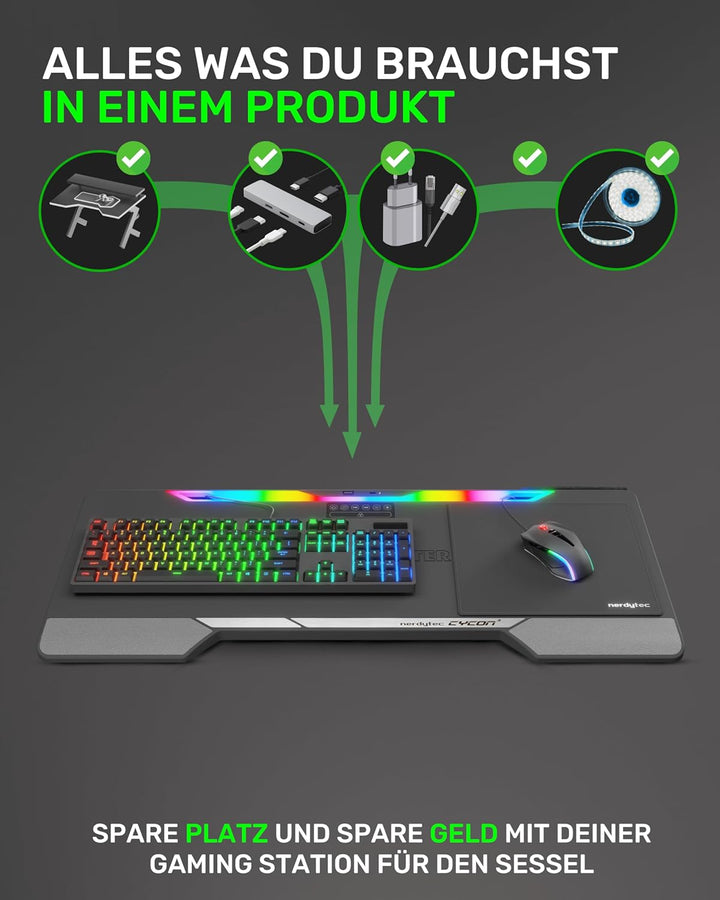 Couchmaster Lapboard³ mit HORIZONLIGHT RGB Bar, ergonomisches Gaming Knietablett für Couch, Sofa und