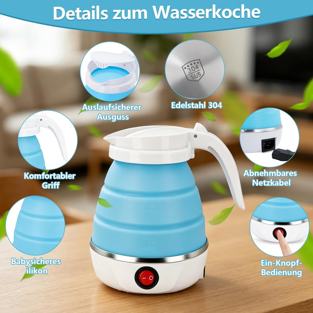 Faltbarer Wasserkocher 600ml Reisewasserkocher, Reise Silikon Tragbarer Wasserkessel mit 1 Klappbürs