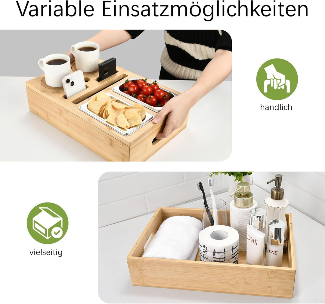 DE-COmmerce Bambus Couchbar, Schalen aus Edelstahl, Abnehmbarer Deckel, Snackbox, Sofatablett, Organ