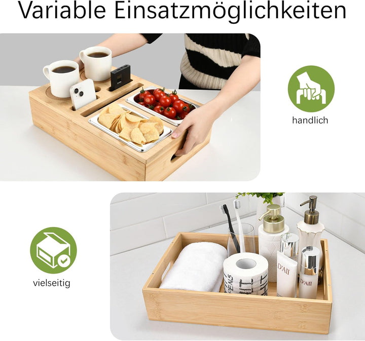 DE-COmmerce Bambus Couchbar, Schalen aus Edelstahl, Abnehmbarer Deckel, Snackbox, Sofatablett, Organ