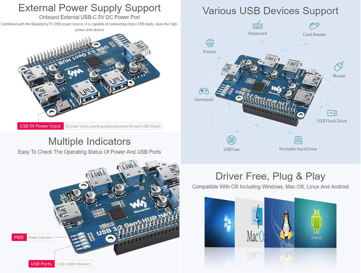 Waveshare USB 3.2 Gen1 HUB HAT for Raspberry Pi 4 with 4X USB 3.2 Gen1 Ports Up to 5 Gbps Data Rate
