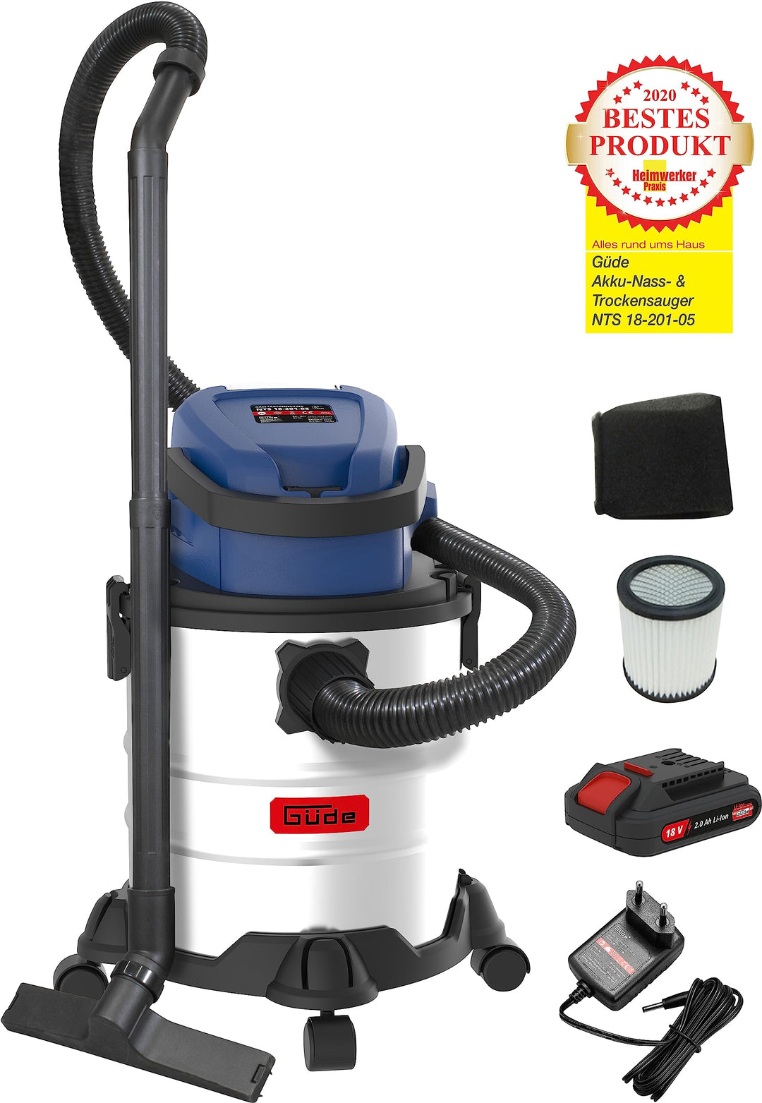 Güde Akku Nass-Trockensauger NTS 18-201-05 (18 V, Easy-Energy-Exchange, 20 l Edelstahlbehälter, Ausb