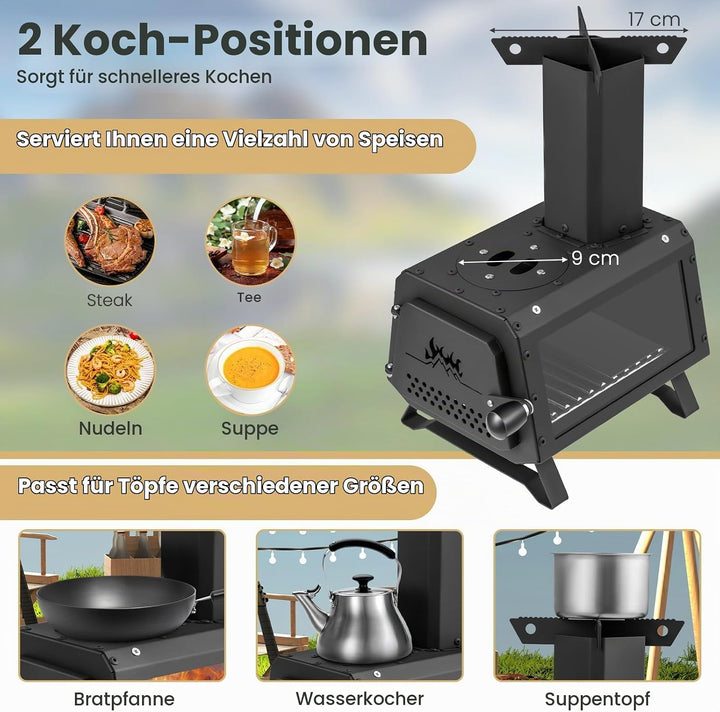 KOMFOTTEU Holzofen mit Sichtfenster, Raketenofen tragbar mit 2 Kochflächen, Zeltofen mit Aschepfanne