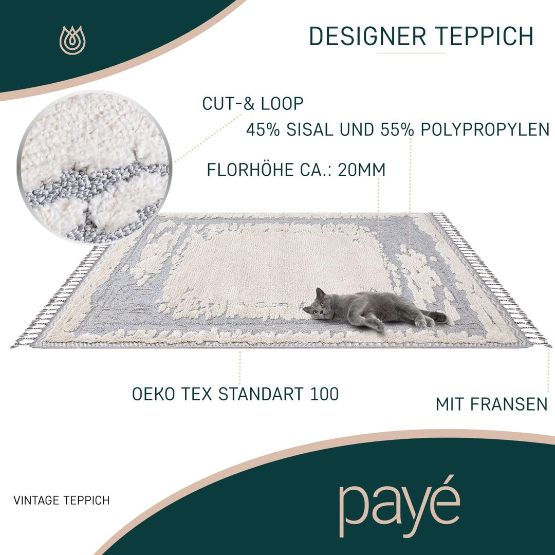 payé Teppich Wohnzimmer - Abstrak - 120x170cm - Creme Grau Blau - Fransen Deko Boho Flauschig - Cut