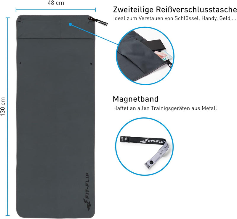 Fit-Flip Fitness Handtuch - mit Magnet und Reissverschluss Tasche - Gym Handtuch aus Mikrofaser für