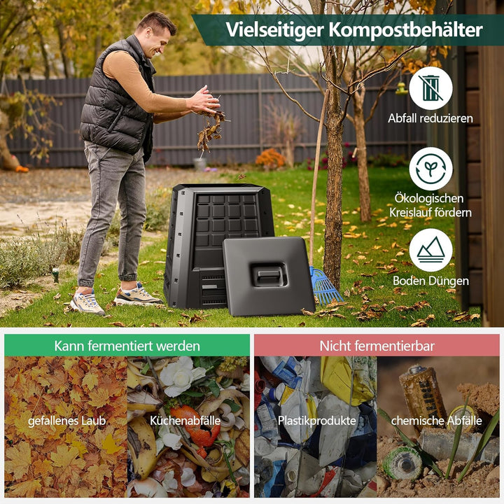 COSTWAY Garten Komposter 380 L, PP, Thermokomposter mit Deckel & verstellbaren Luftschlitzen, grosse