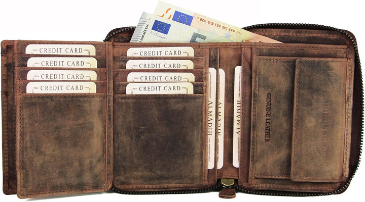 ALMADIH Premium Leder Portemonnaie RFID-Schutz Hochformat mit Reissverschluss 17 Kartenfächer in Ges