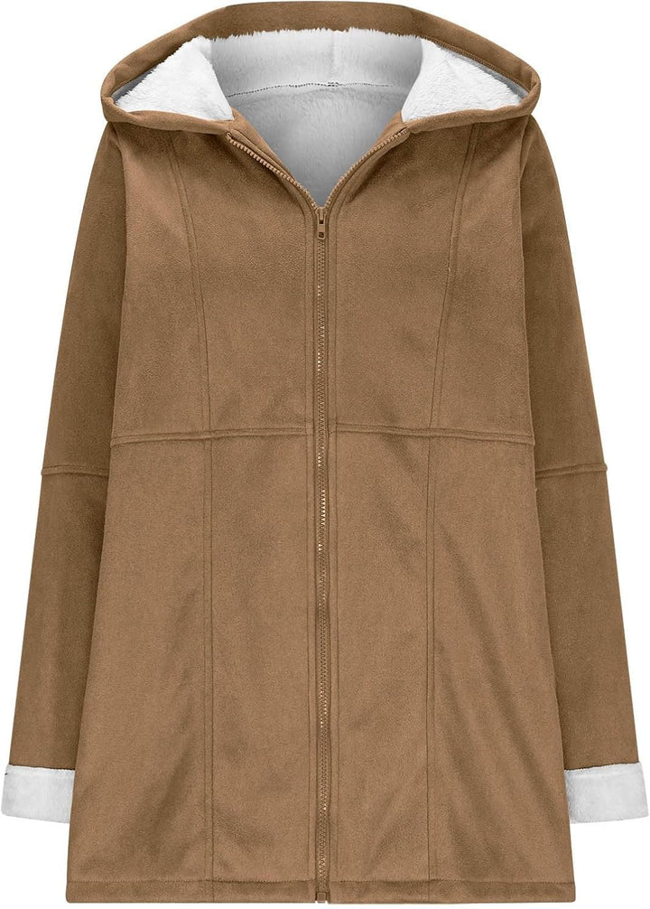 Ansenesna Winterjacke Damen Lang Warm Gefüttert Wintermantel Elegant Mit Kapuze Wildleder Jacke Wint