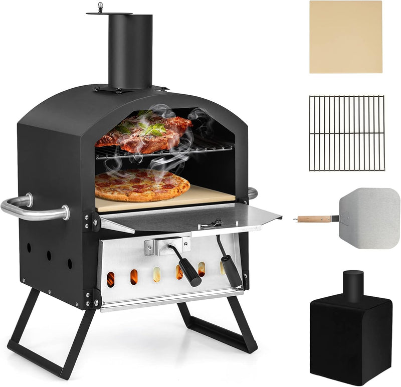 GYMAX Tragbarer Pizzaofen, Pizzabäcker mit klappbaren Beinen & Griffen, holzbefeuerter Pizzagrill mi