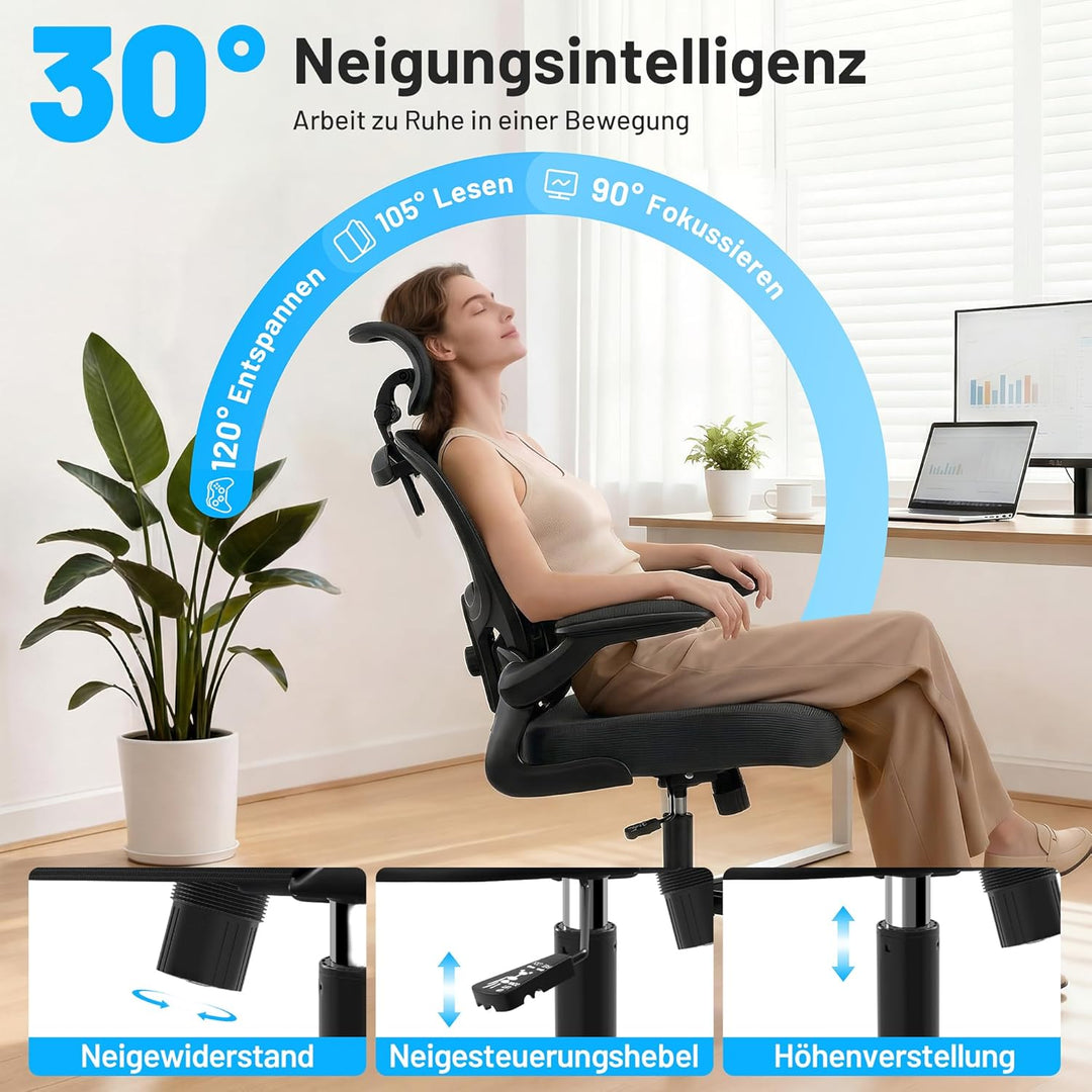 Bürostuhl, Ergonomisch mit Kopfstütze und Verstellbarer Lendenwirbelstütze, Mesh Drehstuhl für Homeo
