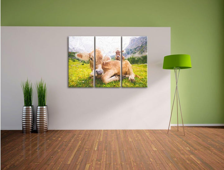 Pixxprint Almkuh in den Bergen Kunst als Leinwandbild/Grösse: 3 Teilig (120x80 cm) cm/Wandbild/Kunst