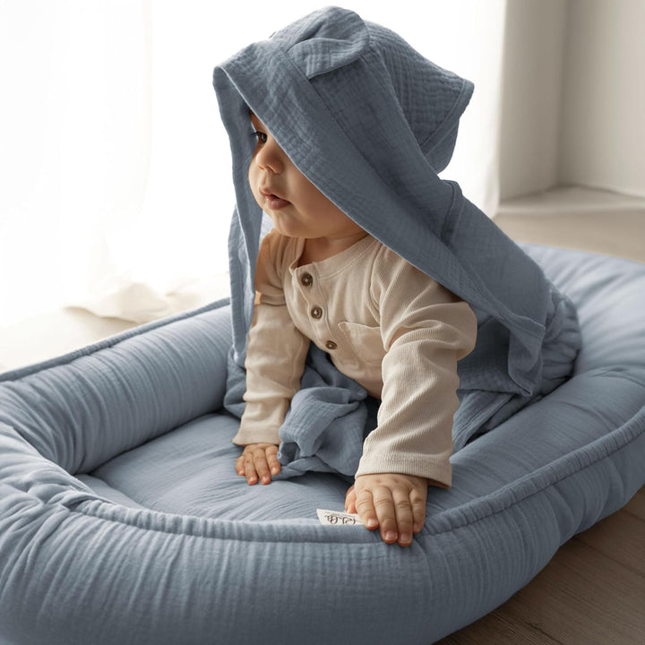 PaLulli Babynest aus 100% Musselin Baumwolle Premium Kuschelnest Babynestchen 100x60cm Klettverschlu