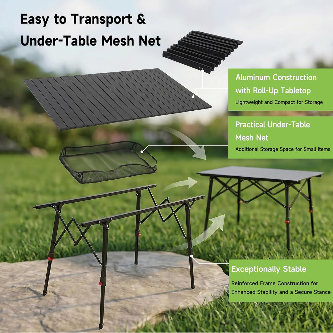 HAUSPROFI Campingtisch Klappbar Aluminium Höhenverstellbar 120x70cm Falttisch mit Aufrollbarer Tisch