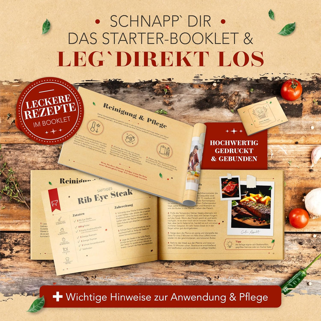 KRUSTENZAUBER Gusseisenpfanne Induktion 28cm inkl. Deckel und Pfannenwender - Geschliffene Pfanne Gu