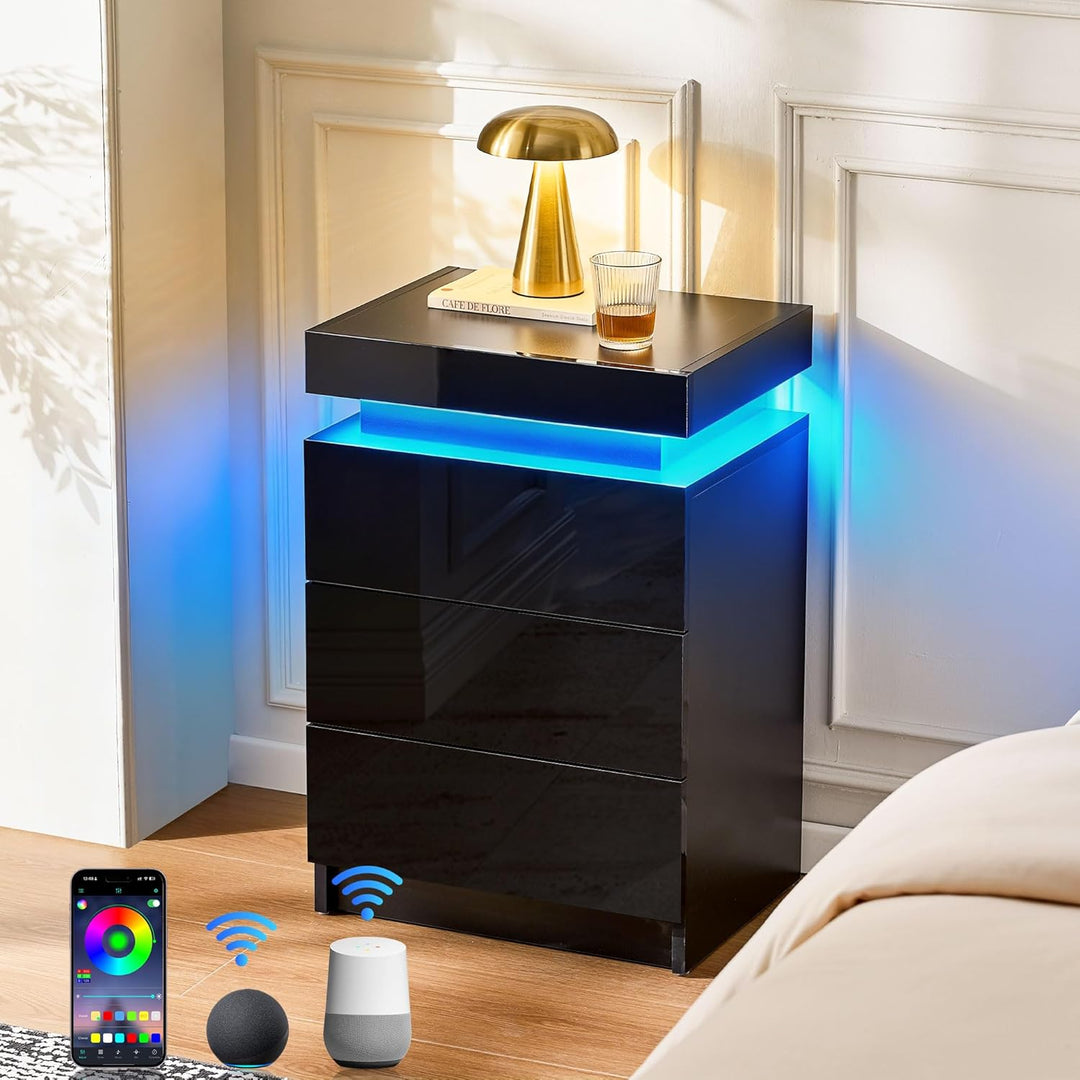 CLIPOP Nachttisch Hochglanzfront Kommode mit mit LED-Lichtern, sprachgesteuerter Lichtstreifen, 3 Sc