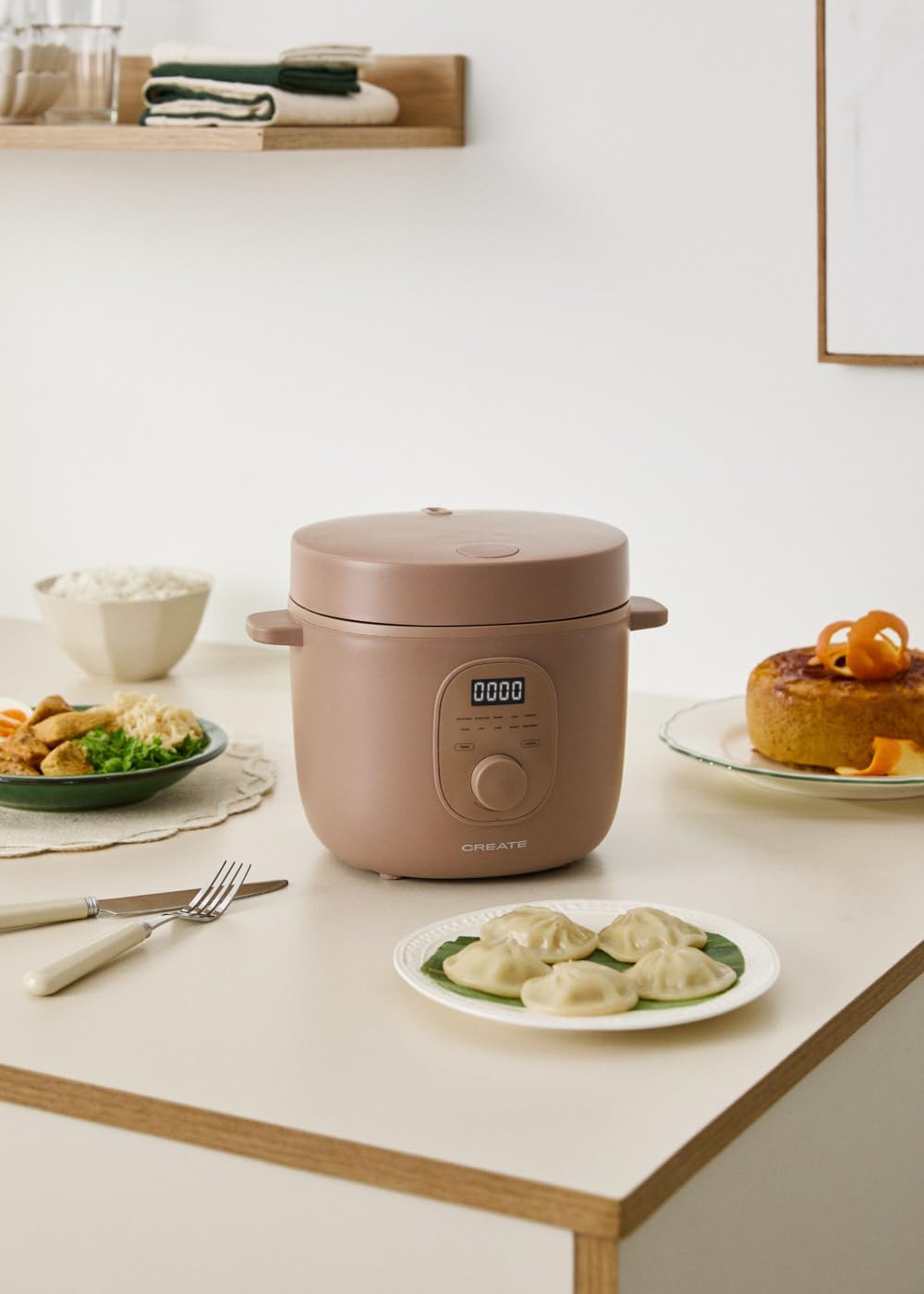 CREATE Rice Cooker Studio, elektrischer Reiskocher, 2 l, Mokka, programmierbar bis 24 Stunden, berei
