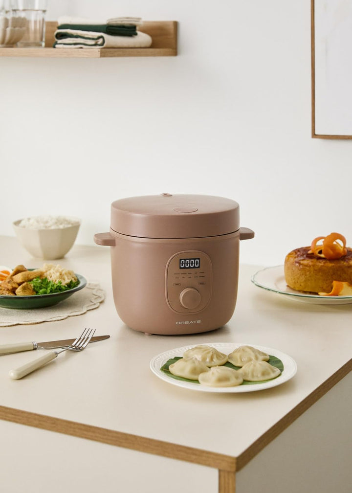 CREATE Rice Cooker Studio, elektrischer Reiskocher, 2 l, Mokka, programmierbar bis 24 Stunden, berei