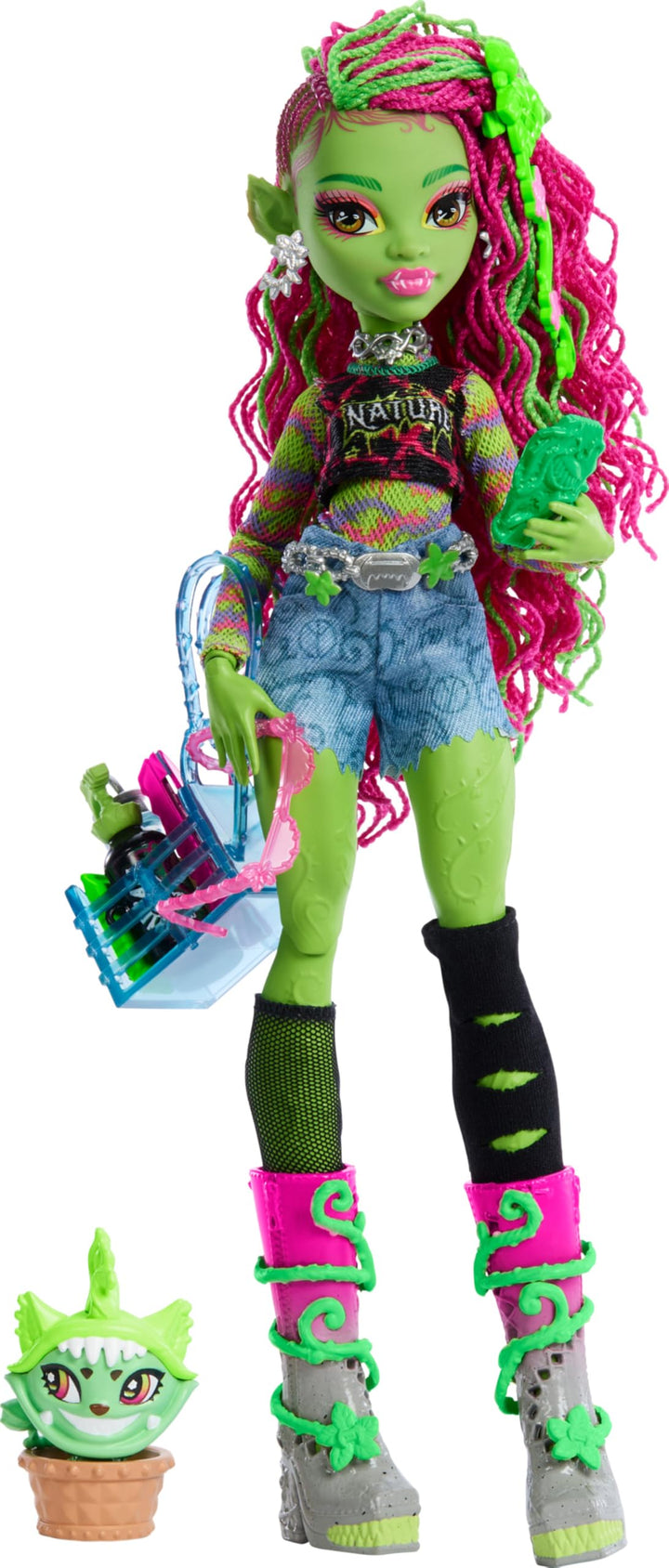 Monster High Venus McFlytrap-Puppe mit Pflanzenmonstertier Katze Chewlian und Zubehör wie Rucksack,